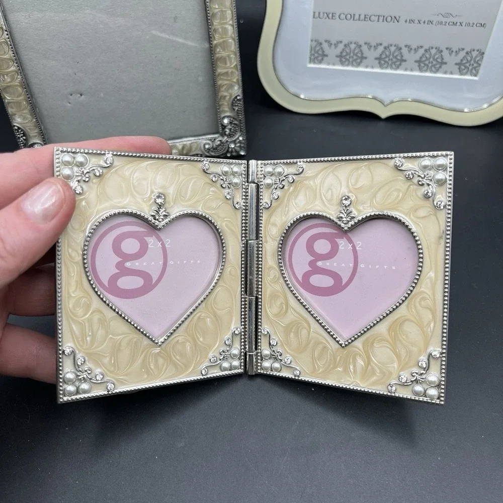 Set Of 3 Enamel Metal & Crystal Picture Frames Neutral Color Cream Beige Silver